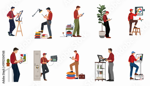 Collection of flat character illustrations showing male digital artists and designers working with technology and creative tools in various office and studio settings.