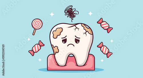 Sad decaying tooth with cavities surrounded by candy and sweets cartoon illustration.