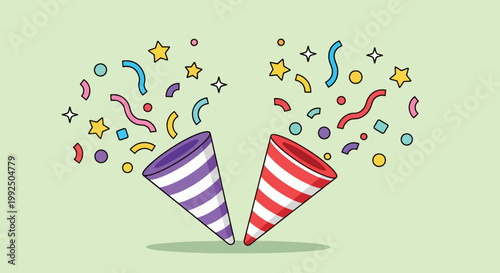 Two Colorful Party Poppers Exploding with Confetti and Stars on Green Background Vector Illustration.