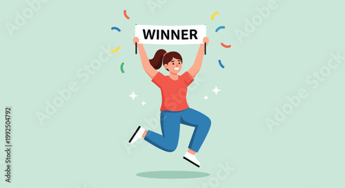 Woman Jumping with Winner Sign and Confetti.