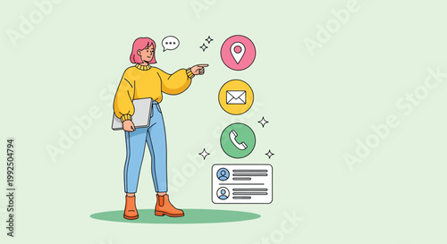 Woman pointing at contact icons like location mail and phone for customer support illustration.