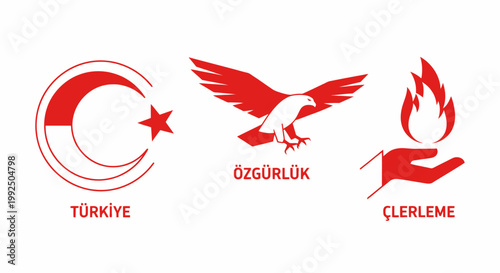 Minimalist red icons representing Turkey freedom and progress