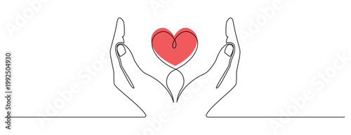 One continuous line drawing of hands holding heart. Love relationship and volunteer organisation symbol in simple linear style. Editable stroke. Care and support concept and wellness design