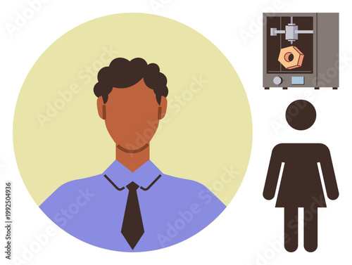 Career development, advanced manufacturing, formal , technology evolution, professional identity, workforce. Portrait of a person with 3D printer and female icon. Career development and technology