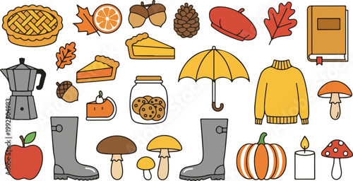 Autumn harvest and cozy lifestyle icon set with pumpkin pie and sweater