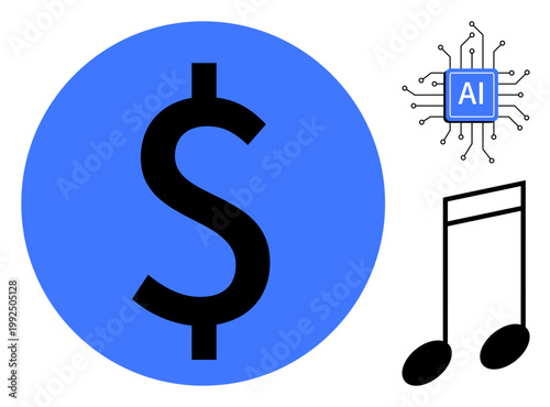 Artificial intelligence, music royalties, digital payments, technology adoption, innovation, creative rights. Blue dollar sign, AI microchip and black musical note symbols. AI in music royalties