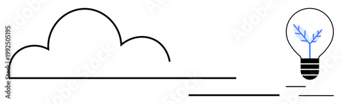 Cloud computing, renewable energy, innovation, sustainability, technology, progress. Minimalistic black outlined cloud linked to a light bulb with a blue branch pattern. Cloud computing and renewable