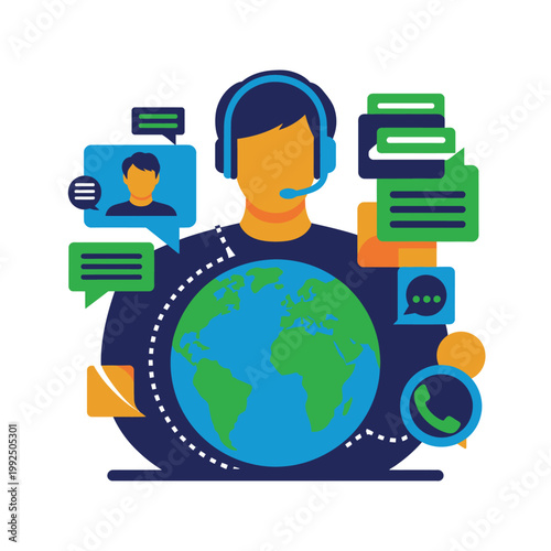 A customer service representative wearing a headset communicates with clients globally