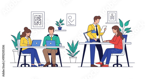 Four coworkers collaborating in modern office.