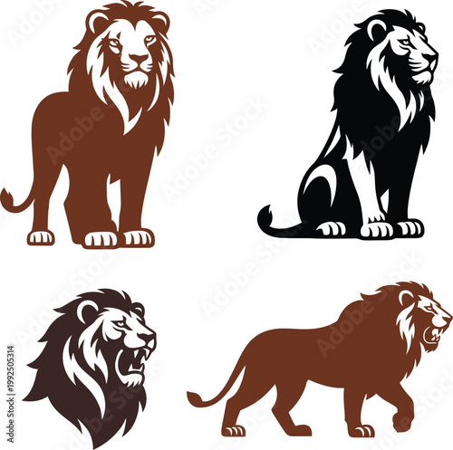 A bold collection of lion illustrations showcasing strength and elegance in multiple poses and styles. The set includes standing lions, a seated lion, a roaring lion head, and a walking lion, all desi