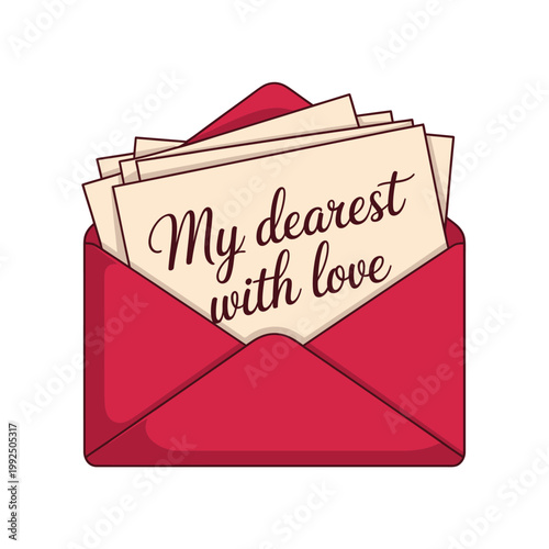 A red envelope filled with love letters on a white background