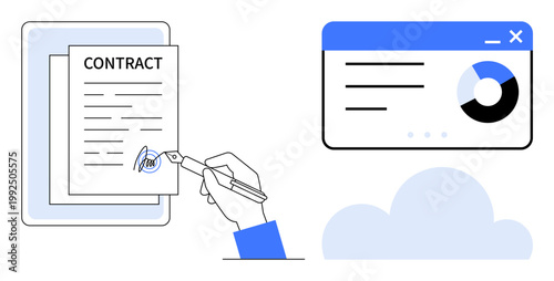 Legal agreements, e-signatures, business contracts, data insights, cloud technology, workflow management. A hand signs a contract alongside a web interface and cloud icon. Legal agreements