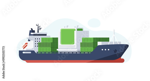 Flat Vector Illustration of a Cargo Ship Loaded with Containers. EPS Editable. Vector Illustrations.