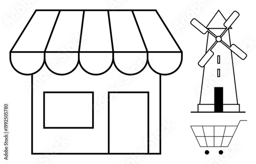 Retail, shopping, agriculture, rural business, sustainability, local markets. Outline style of a shop, windmill and cart. Retail and agriculture concepts with minimalistic design