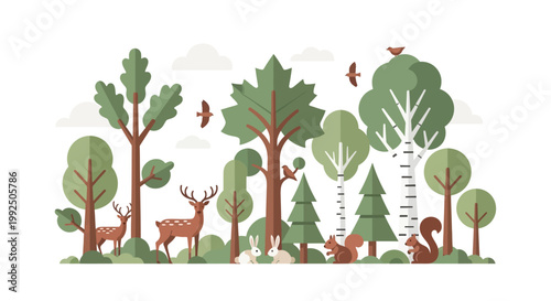 Flat vector illustration of a forest ecosystem with wildlife and trees. EPS Editable. Vector Illustrations.