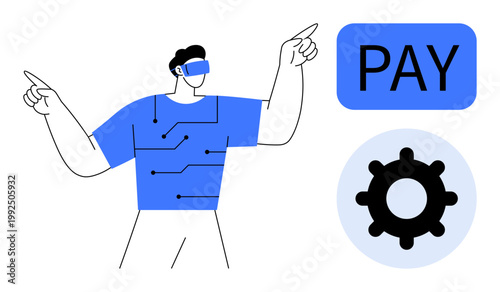 Payment technology. A futuristic approach to payment with virtual reality and automation. Payment solutions enhanced by innovation and advanced technologies. For fintech, VR, automation, online