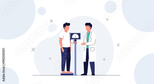 Doctor weighing patient on scale, medical checkup for health and fitness