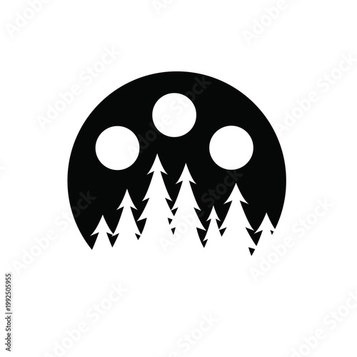 Minimalist Abstract Night Forest Landscape with Three White Orbs