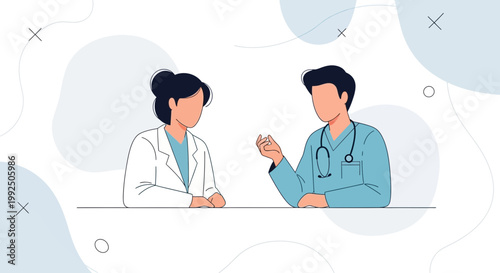 Two doctors in conversation, medical consultation, healthcare professionals discussing.