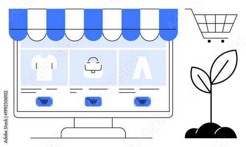 E-commerce, online shopping, retail business, sustainability, eco-friendly commerce, digital store. Computer screen with product icons, cart graphic and growing plant. E-commerce and sustainability
