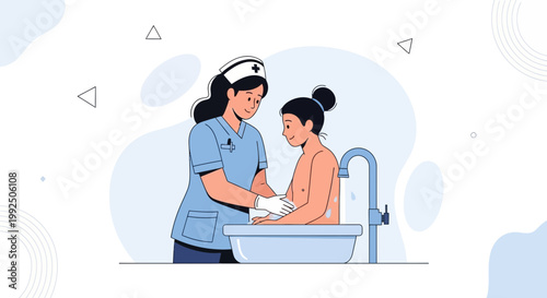Nurse bathing a child in a bathtub, healthcare, hygiene, medical care illustration