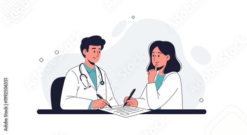 Doctors discussing medical records, writing notes, collaboration in healthcare, teamwork