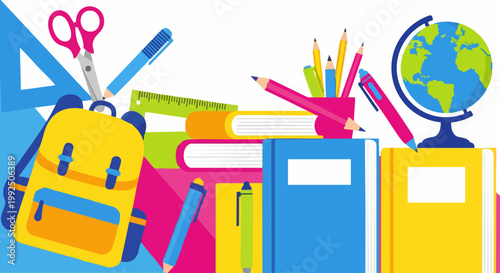 Colorful back to school supplies with yellow backpack and books.