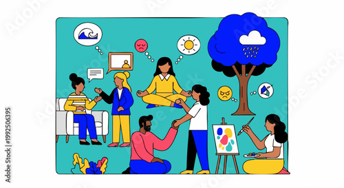 Diverse people engaging in creative and therapeutic mental health activities.