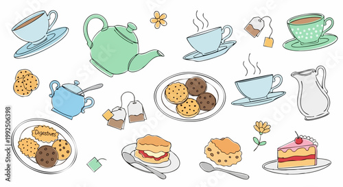 Cute Hand Drawn Tea Time Elements Collection.