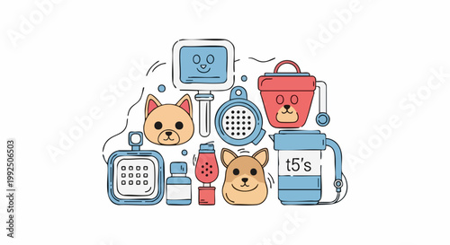 Cute pets and pet care equipment illustration set.