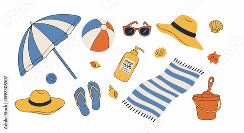 Collection of summer vacation beach accessories and travel items.