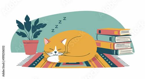Cute ginger cat sleeping peacefully on a colorful rug near books.