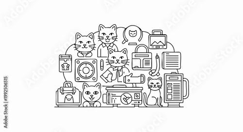 Cute cat characters and various office equipment items collection.
