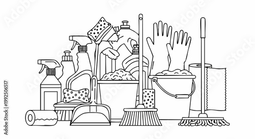Black and white illustration of various household cleaning supplies.