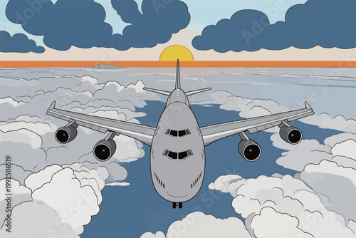 Bright sunset over an airplane flying above clouds in the sky during evening hours