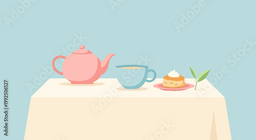 Cute cartoon tea party set on a table.