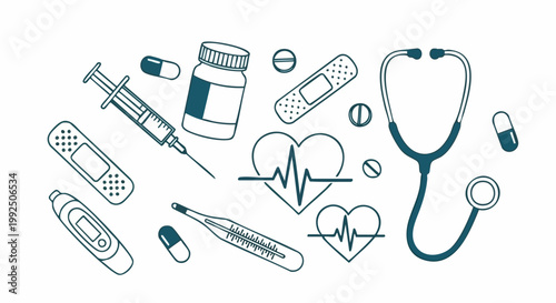 Collection of hand drawn medical equipment icons.