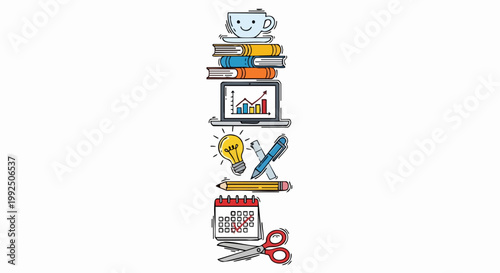 Doodle illustration of office supplies and business work tools.