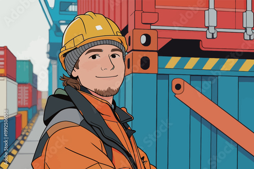 Worker in hard hat smiles on shipping dock among containers during daytime while engaging in job duties related to shipping and logistics