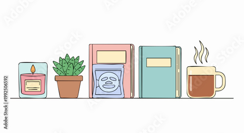 Cozy home relaxation items on a shelf illustration.