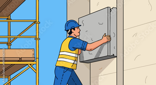 Construction worker installing facade insulation panel on building exterior