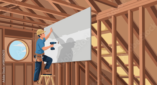 Construction worker installing drywall panel in attic using power drill