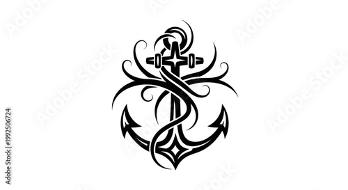 Stylized Anchor Tattoo Design with Ornate Swirls and Tribal Elements.