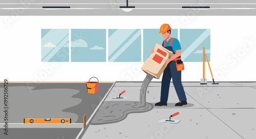 Builder in hard hat pouring concrete screed on office floor. Vector illustration of construction work and renovation