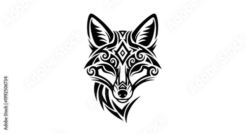 Stylized tribal fox head illustration with intricate patterns and symmetrical design.