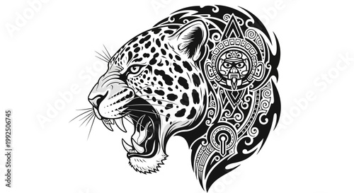 Bild auf Leinwand Powerful roaring jaguar head with intricate tribal patterns and ancient cultural motifs
