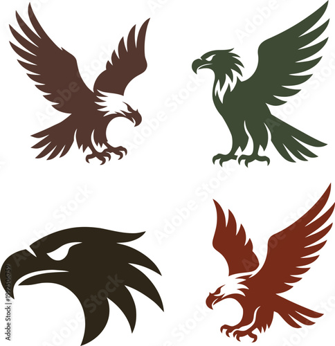 A striking collection of eagle illustrations featuring bold silhouettes and dynamic poses. The set includes flying eagles with spread wings, perched eagles, and a stylized eagle head, all designed wit