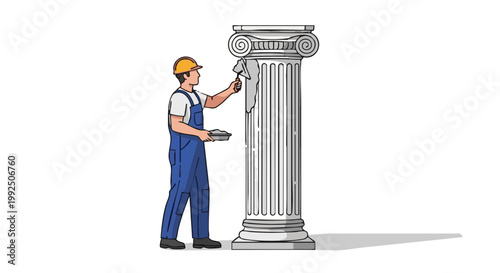 Builder restoring architectural column. Vector illustration