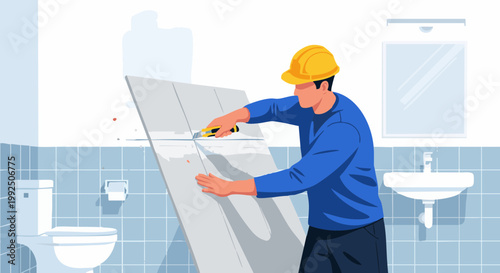 Man cutting drywall panel with utility knife during bathroom renovation