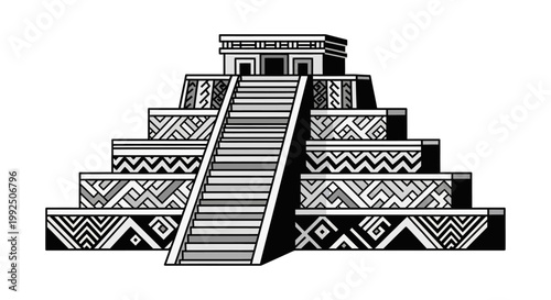 Ancient Mayan pyramid temple with intricate patterns and grand staircase.